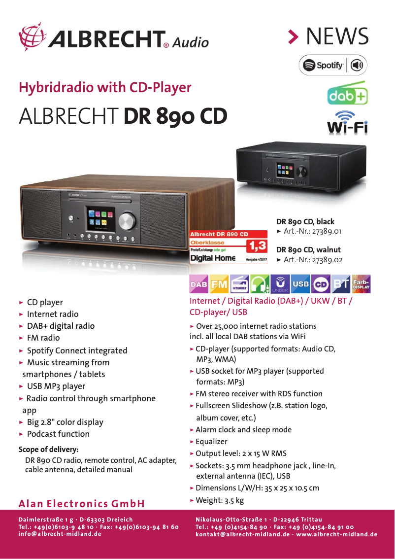 Page 1 de la notice Fiche technique Albrecht DR 890 CD