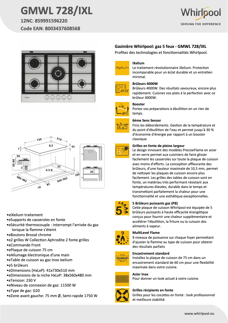 Page 1 de la notice Fiche technique Whirlpool GMWL 728/IXL