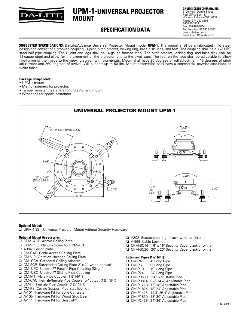 Page n°1 - Manuel utilisateur Da-Lite UPM-1C