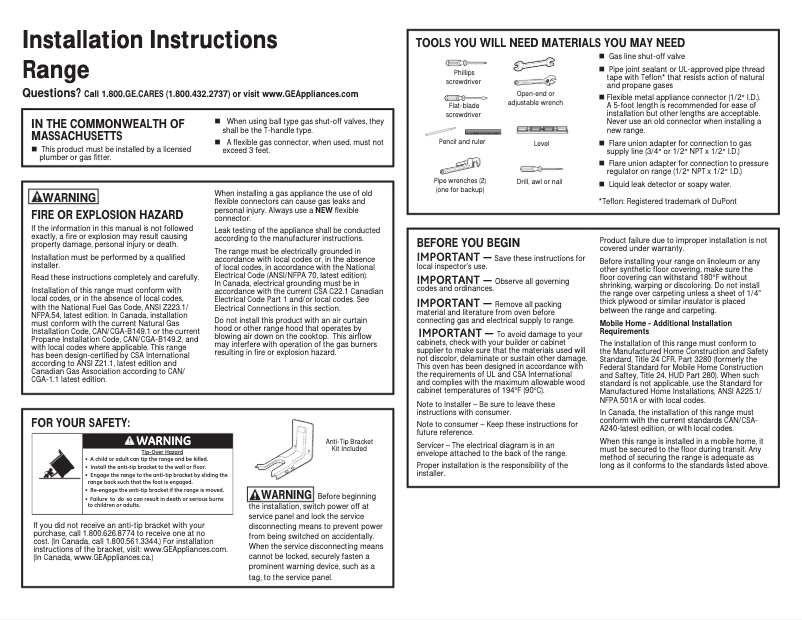Page 1 de la notice Guide d'installation GE PGB911SEJSS