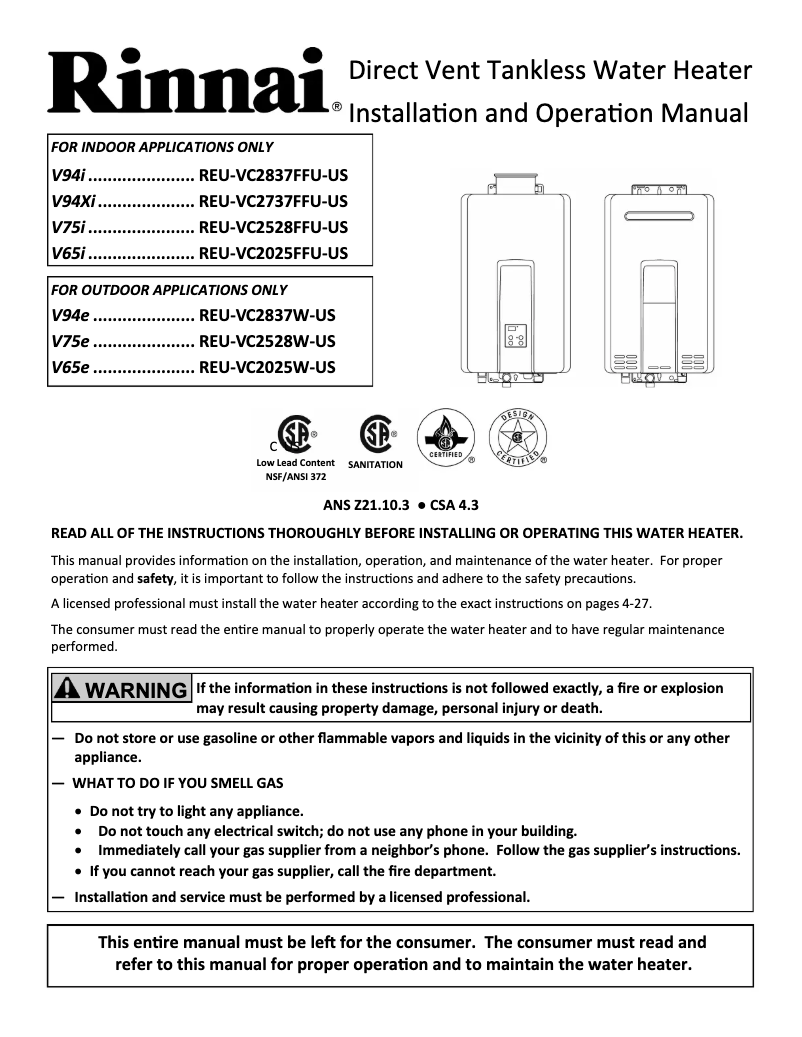 Page n°1 - Manuel utilisateur Rinnai V75eN
