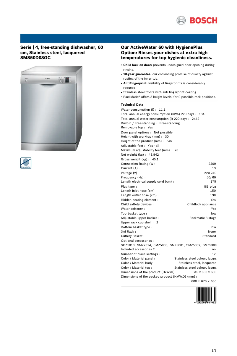 Page 1 de la notice Fiche technique Bosch SMS50D08GC