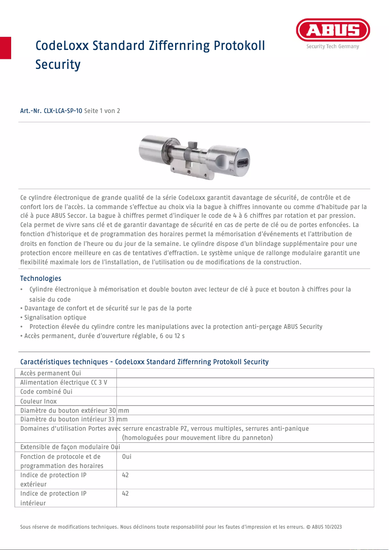 Page 1 of the manual Technical Sheet Abus CLX-LCA-SP-10