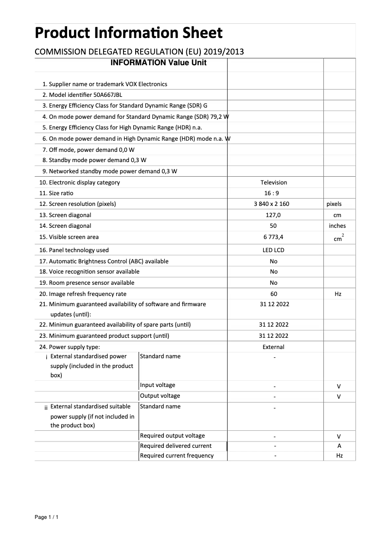 Page 1 de la notice Manuel utilisateur VOX 50A667JBL