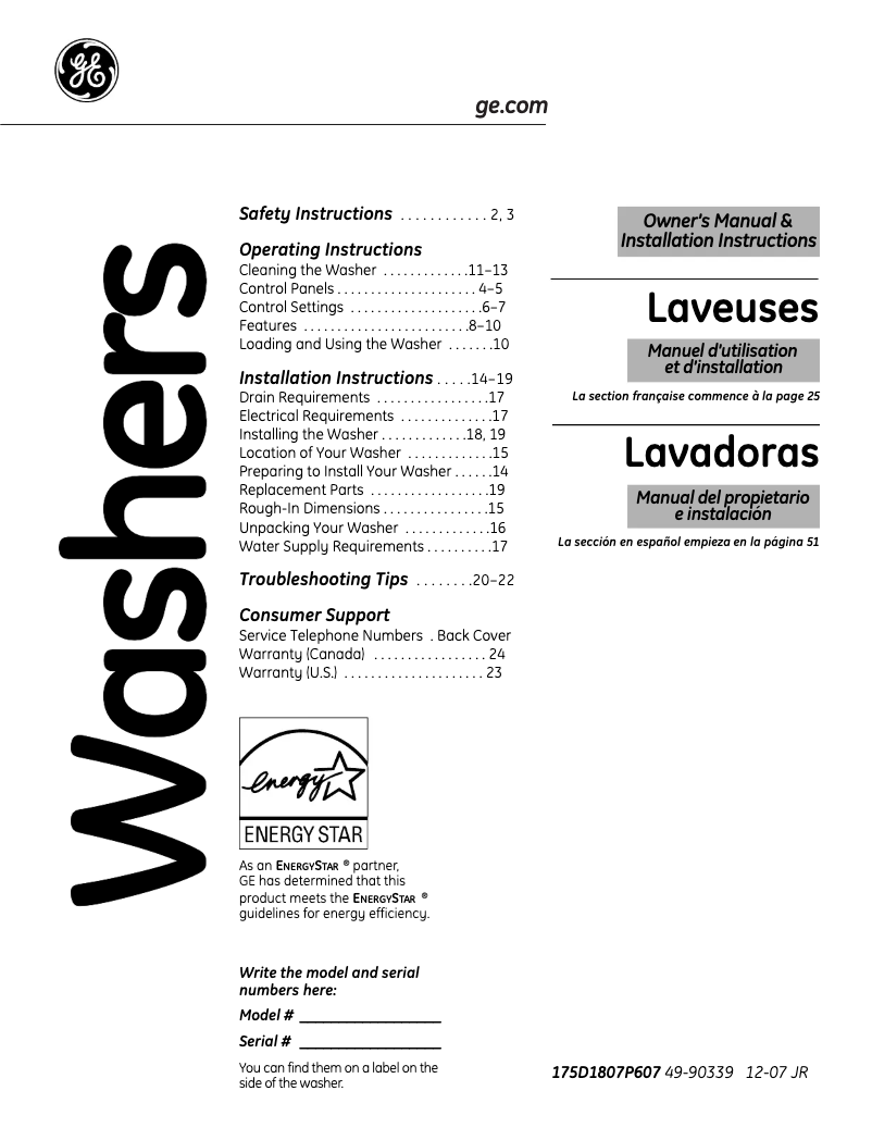 Page 1 de la notice Manuel utilisateur GE WCVH6800JBB