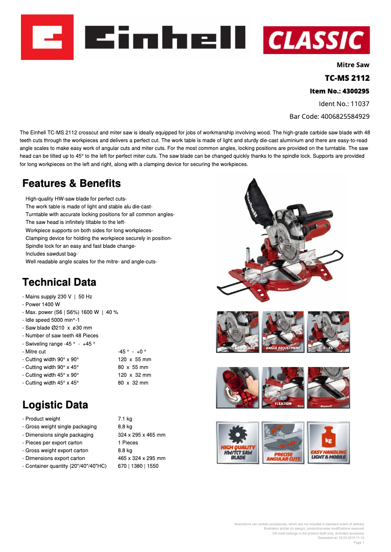 Page 1 de la notice Fiche technique Einhell TC-MS 2112