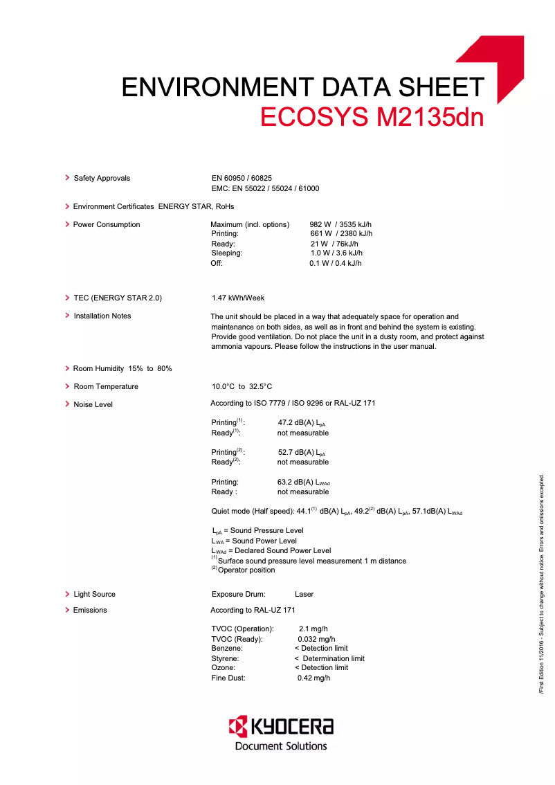 Page 1 de la notice Fiche technique Kyocera ECOSYS M2135dn