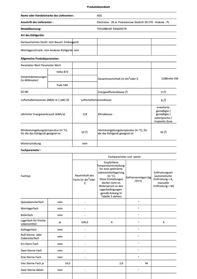 Page 1 de la notice Fiche technique AEG TSF5O881DF