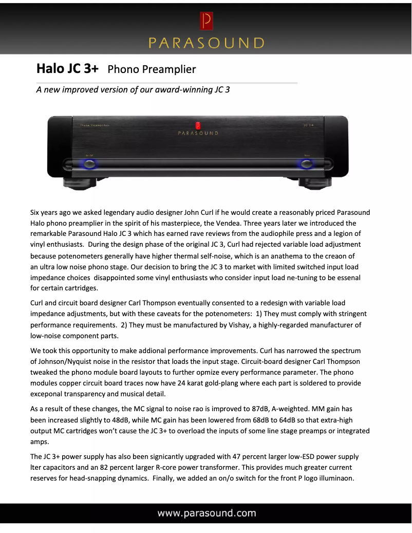 Page 1 de la notice Fiche technique Parasound Halo JC 3+