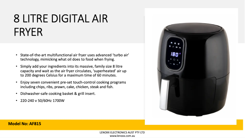 Page 1 de la notice Fiche technique Healthy Choice AF815