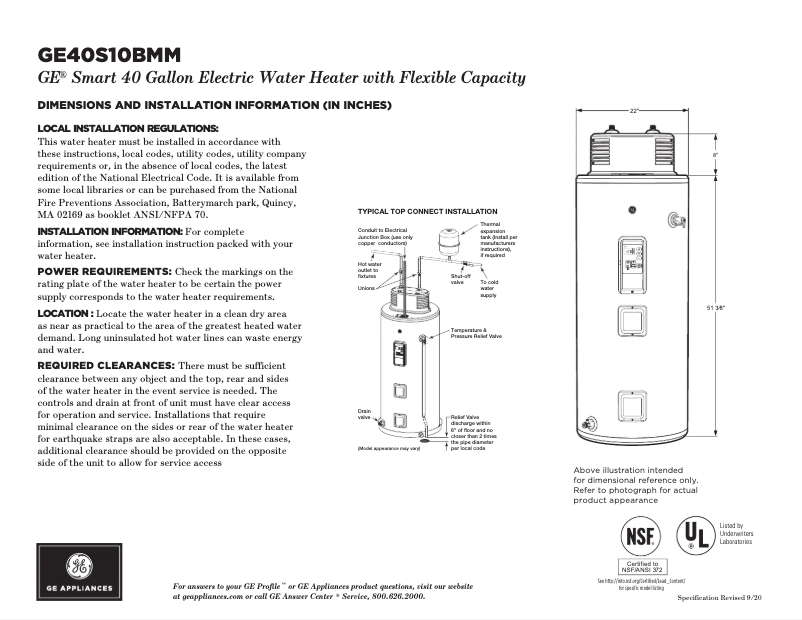Page 1 de la notice Fiche technique GE GE40S10BMM