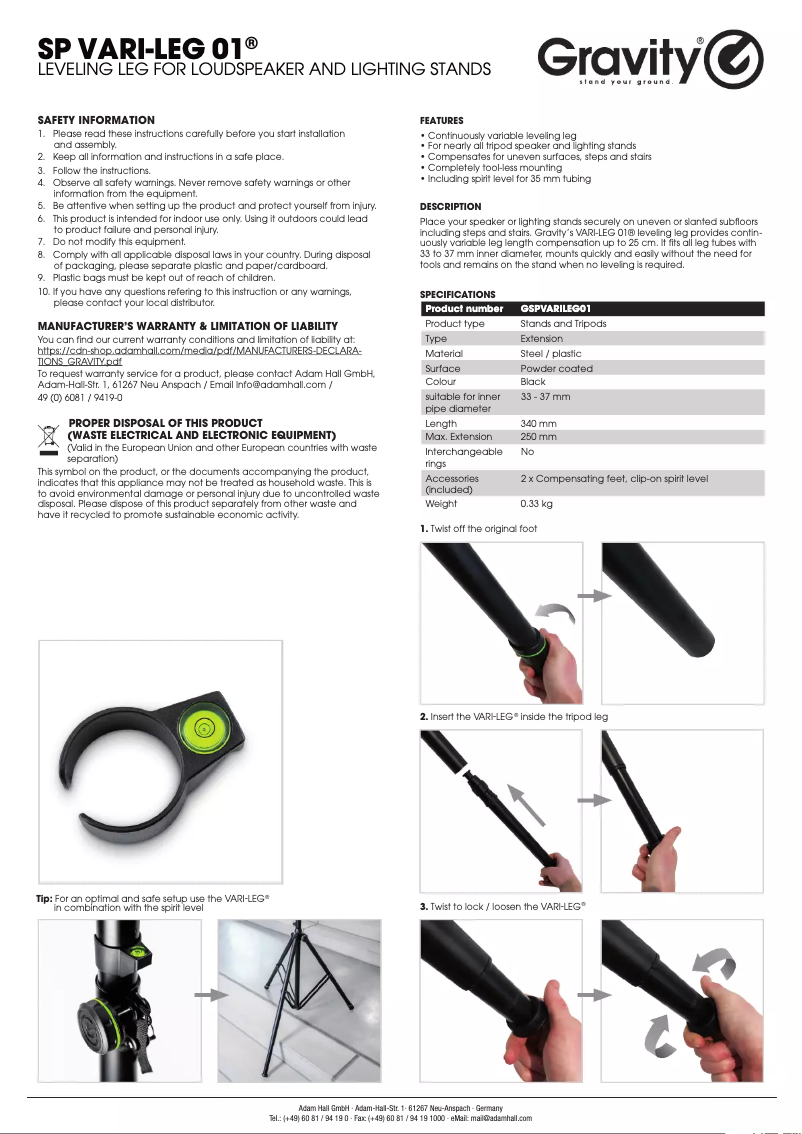 Page n°1 - Manuel utilisateur Gravity SP Vari Leg 01