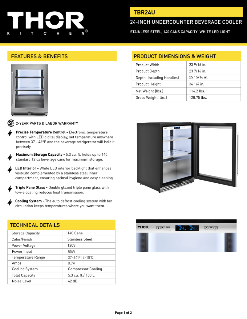 Page 1 de la notice Fiche technique Thor TBR24U