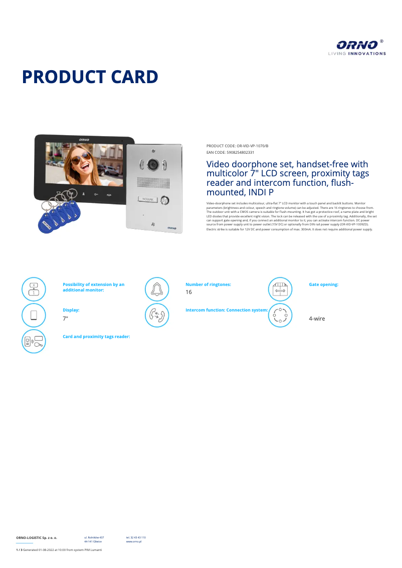 Página 1 del manual Ficha técnica ORNO OR-VID-VP-1070