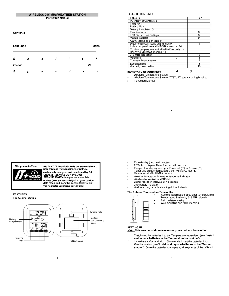 Page 1 de la notice Manuel utilisateur La Crosse Technology WS-9133U-IT
