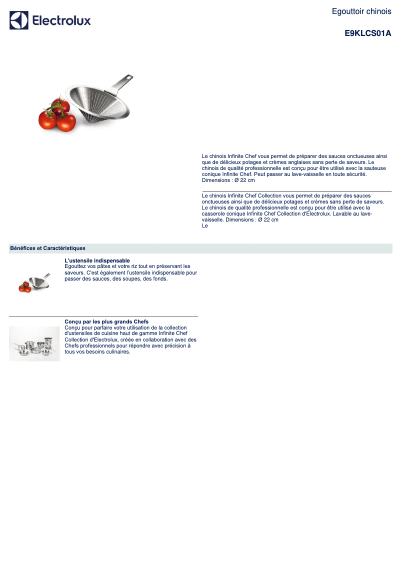 Page 1 de la notice Fiche technique Electrolux E9KLCS01A