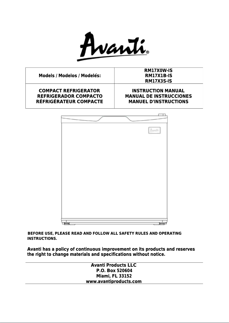 Page 1 de la notice Manuel utilisateur Avanti RM17X0W-IS
