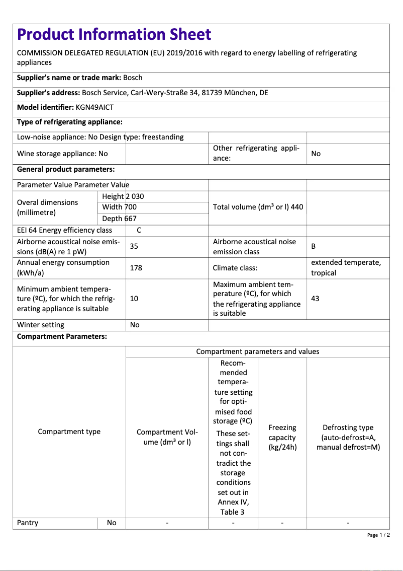 Page n°1 - Fiche technique Bosch KGN49AICT