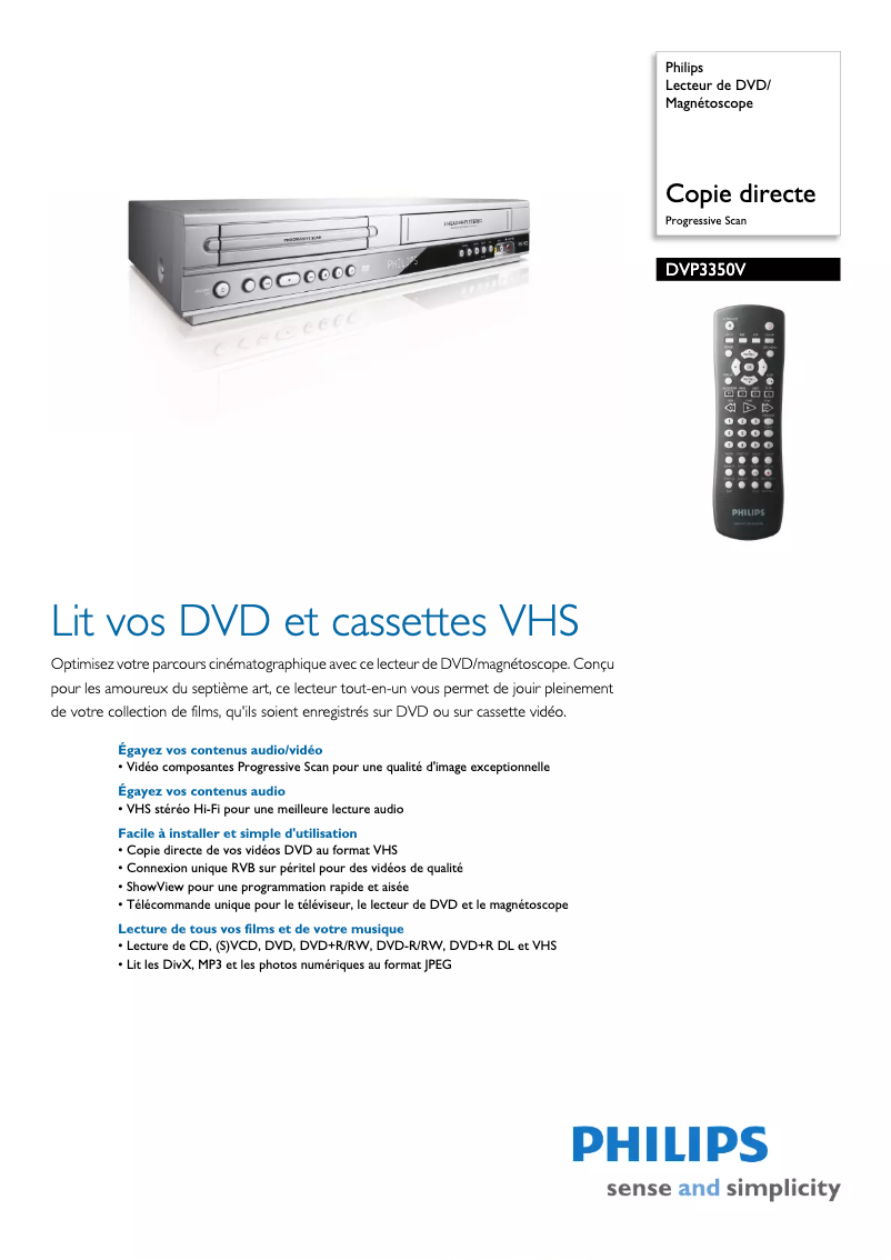 Page 1 de la notice Fiche technique Philips DVP3350V