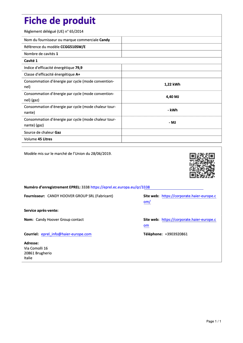 Page 1 de la notice Manuel utilisateur Candy CCGG510SW/E