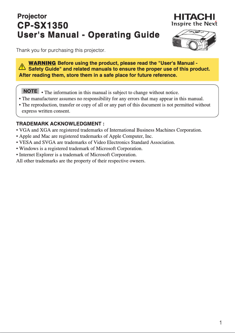 Page 1 de la notice Manuel utilisateur Hitachi CP-SX1350