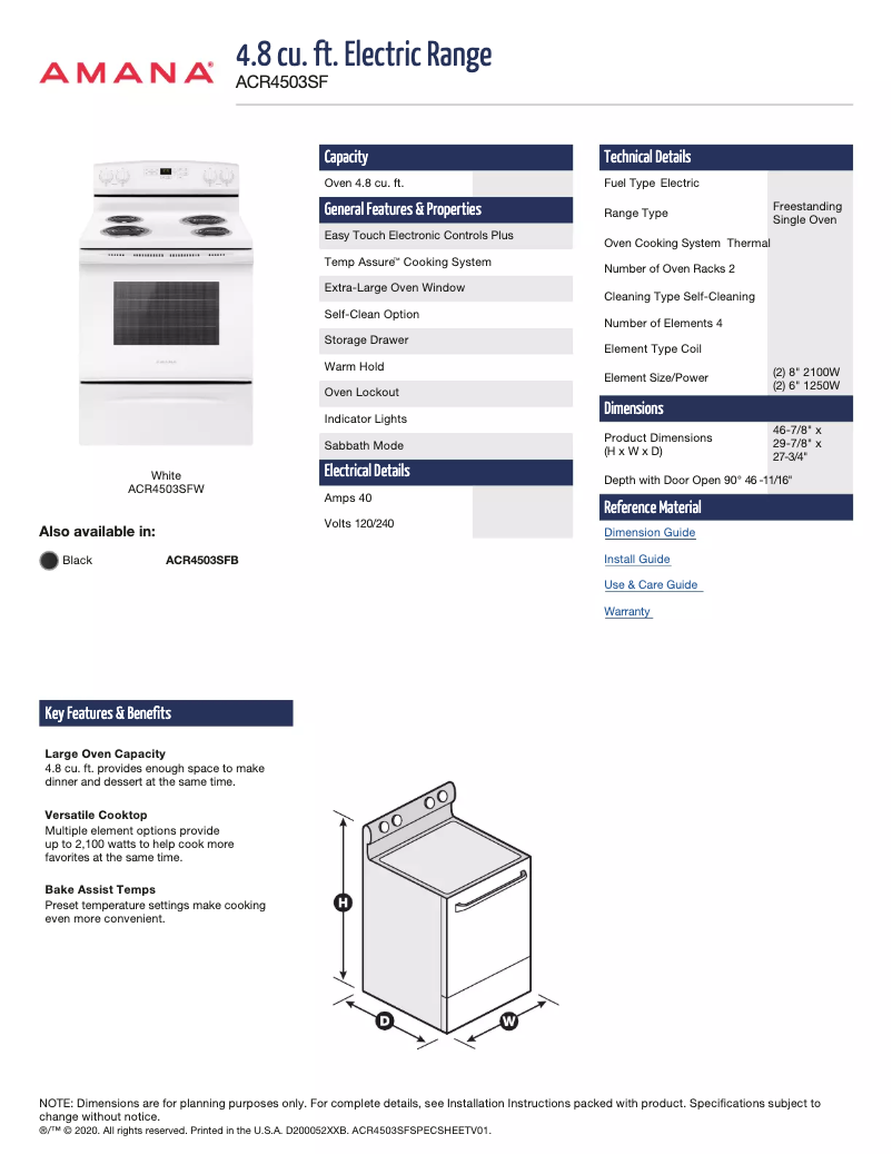 Page 1 de la notice Fiche technique Amana ACR4503SFW