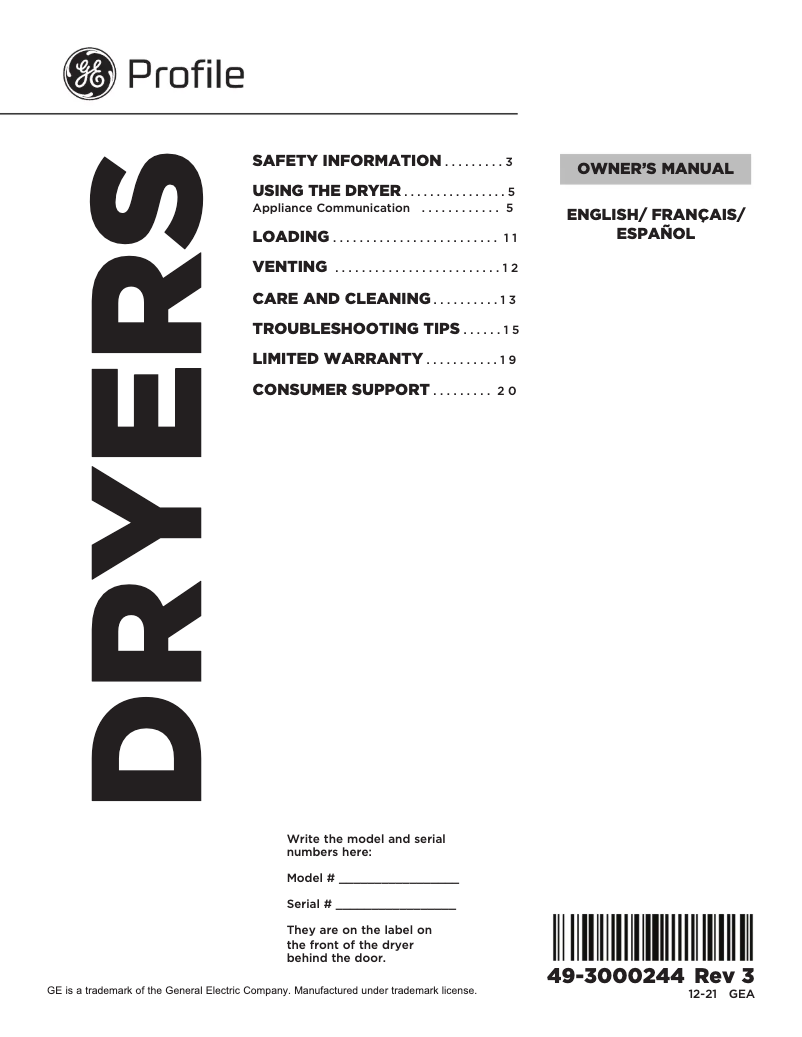 Page n°1 - Manuel d'utilisation et d'entretien GE Profile PTD90GBPTDG