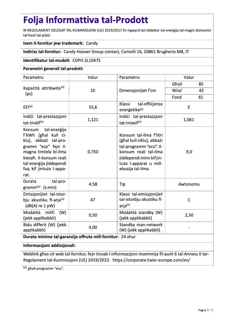 Page n°1 - Fiche technique Candy Brava CDPH 2L1047S