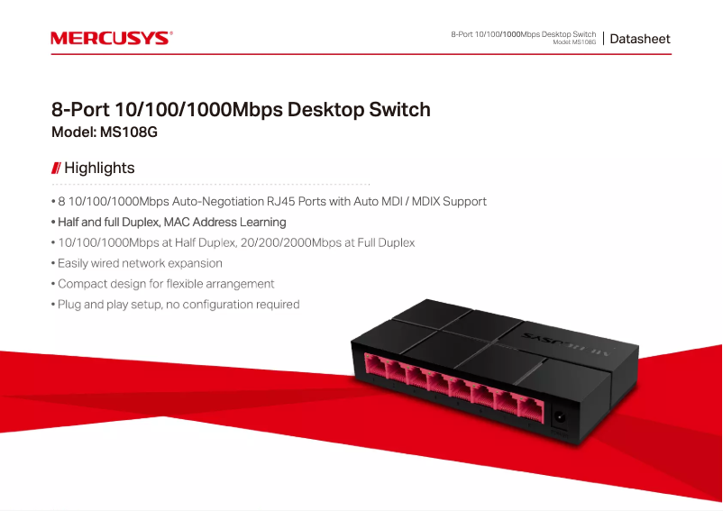 Page 1 de la notice Fiche technique Mercusys MS108G
