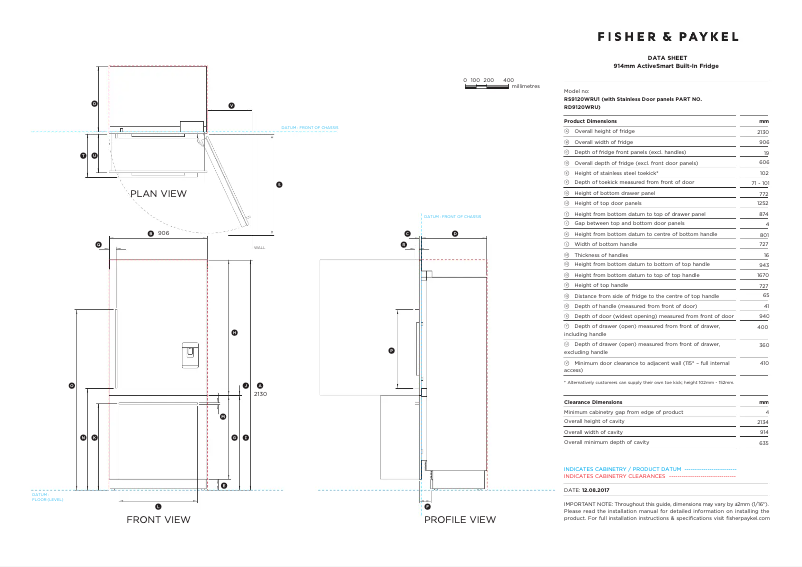 Page 1 de la notice Fiche technique Fisher & Paykel RS9120WRU1