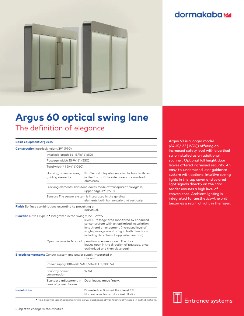 Page 1 de la notice Manuel utilisateur Dormakaba Argus 60