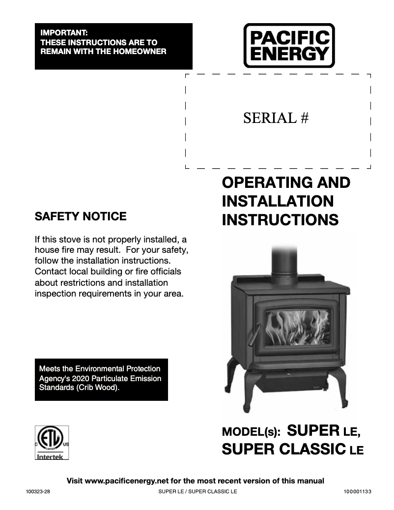 Page 1 de la notice Manuel utilisateur Pacific Energy Super Classic LE