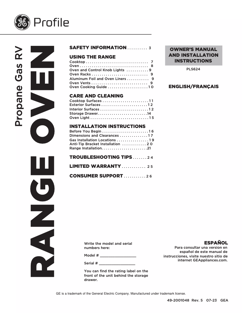 Page n°1 - Guide d'installation GE Profile PLS624DTBB