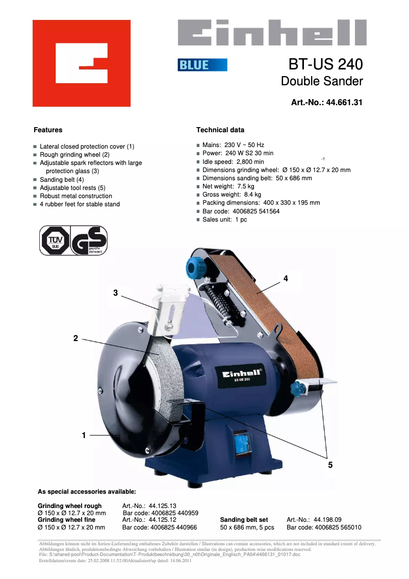 Page 1 de la notice Fiche technique Einhell BT-US 240
