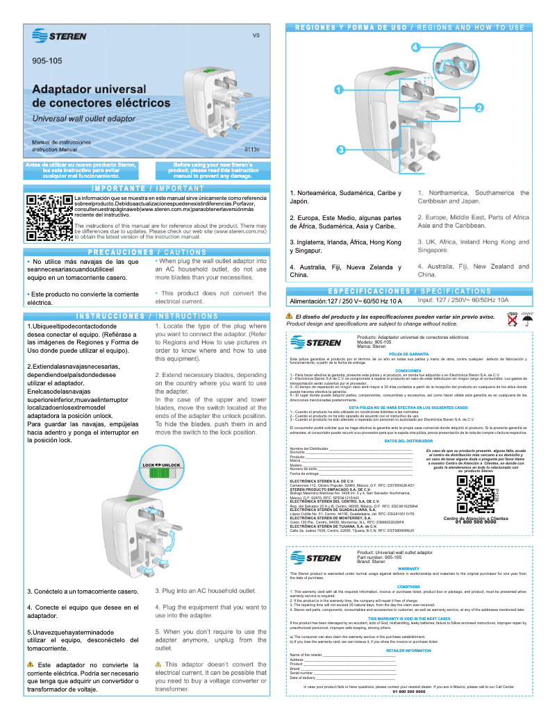 Page n°1 - Manuel utilisateur Steren 905-105