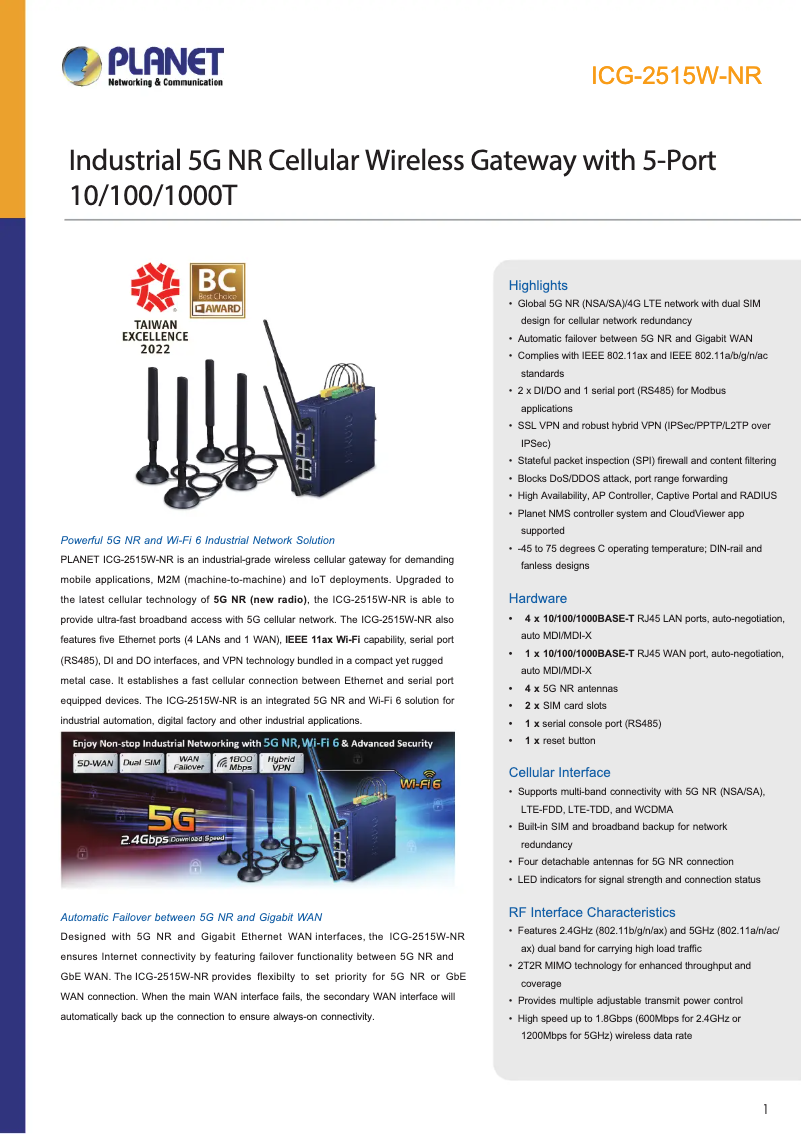 Page 1 de la notice Fiche technique Planet ICG-2515W-NR