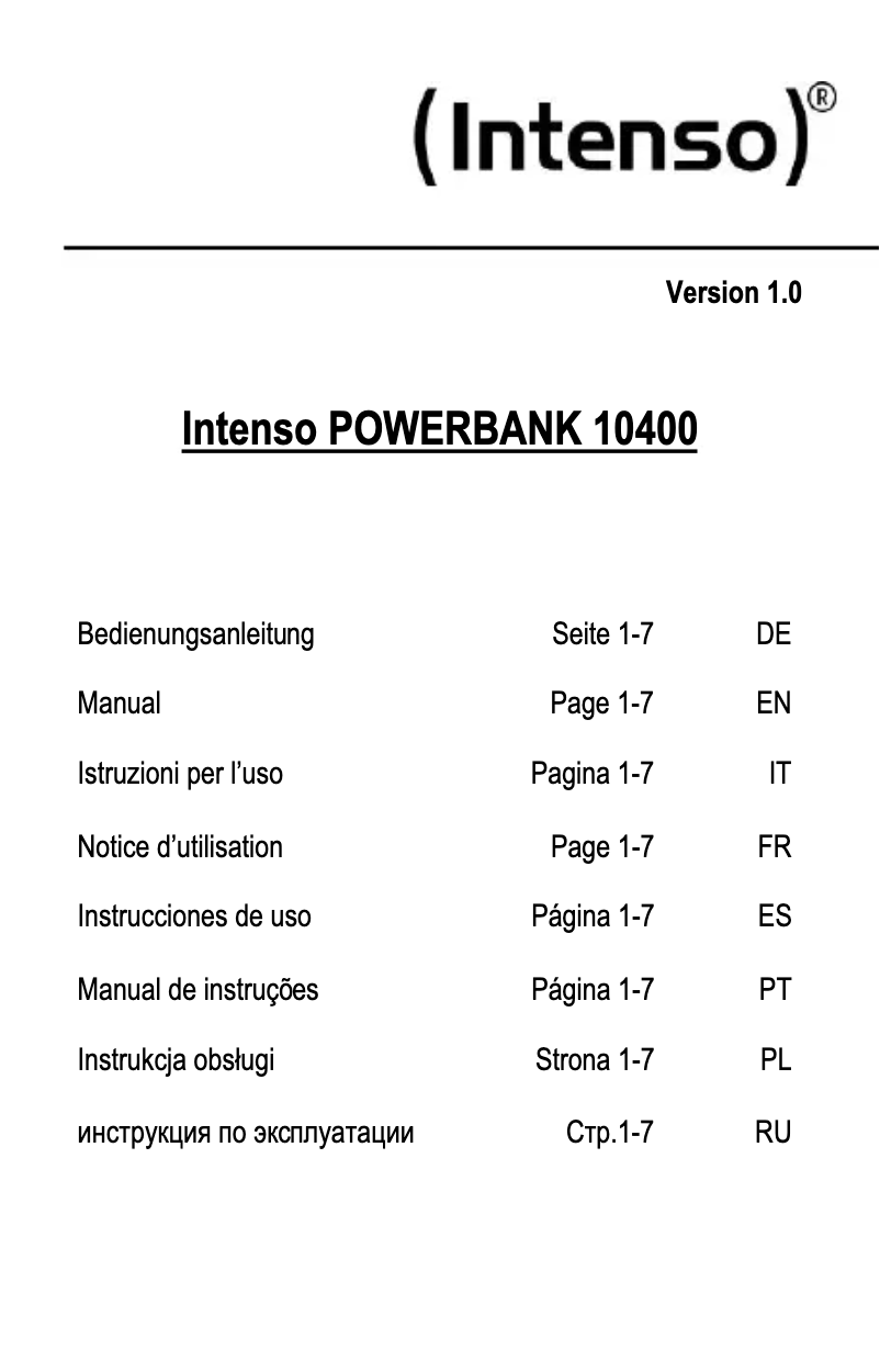 Page 1 de la notice Manuel utilisateur Intenso Powerbank 10400