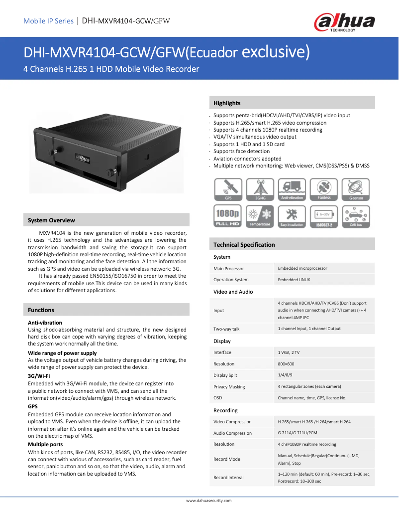 Page 1 de la notice Fiche technique Dahua Technology DHI-MXVR4104-GCW/GFW