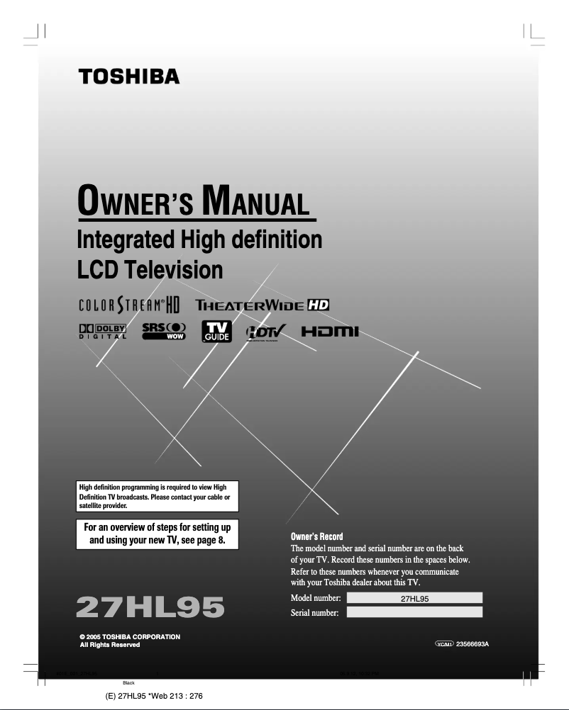 Page 1 de la notice Manuel utilisateur Toshiba 27HL95