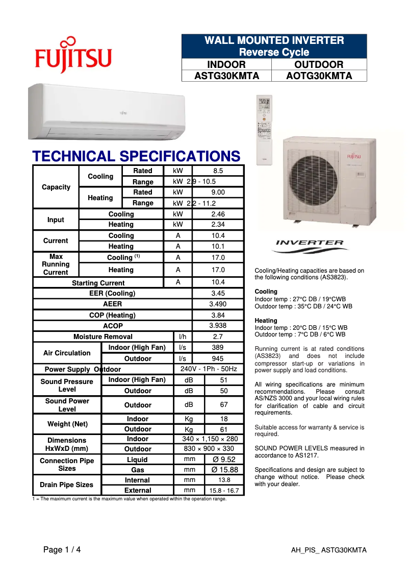 Page 1 de la notice Fiche technique Fujitsu Lifestyle ASTG30KMTA