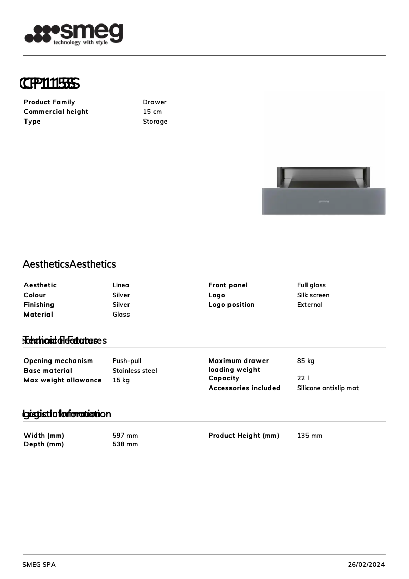 Page 1 de la notice Fiche technique Smeg CP115S