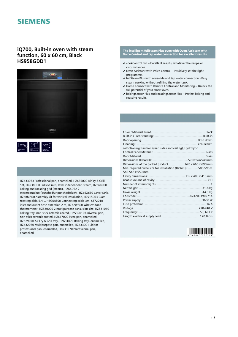 Page n°1 - Fiche technique Siemens HS958GDD1