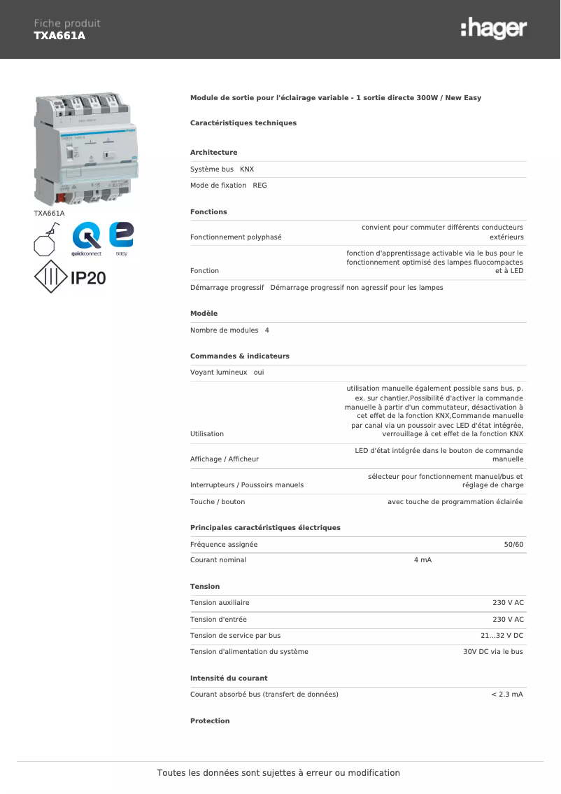 Page 1 de la notice Fiche technique Hager TXA661A