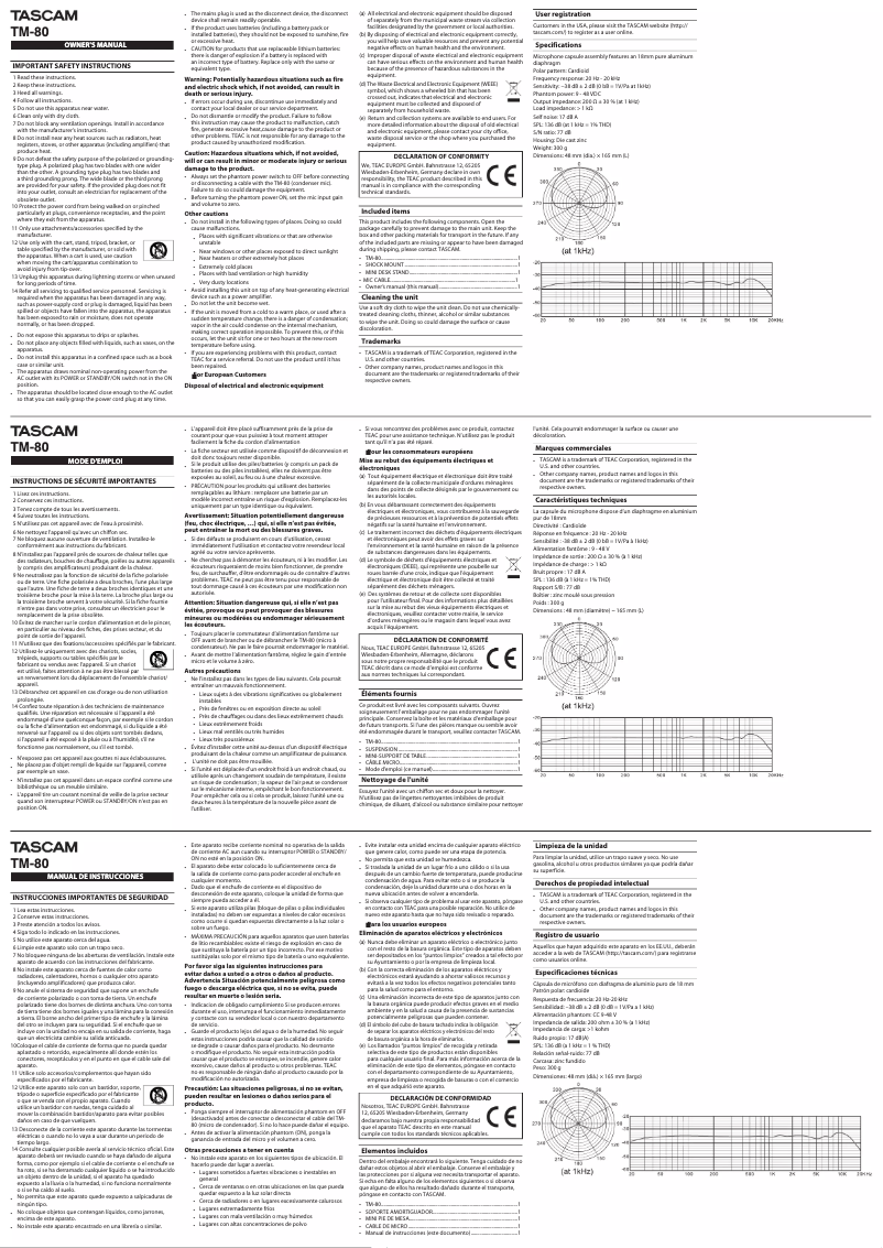 Page n°1 - Manuel utilisateur Tascam TM-80