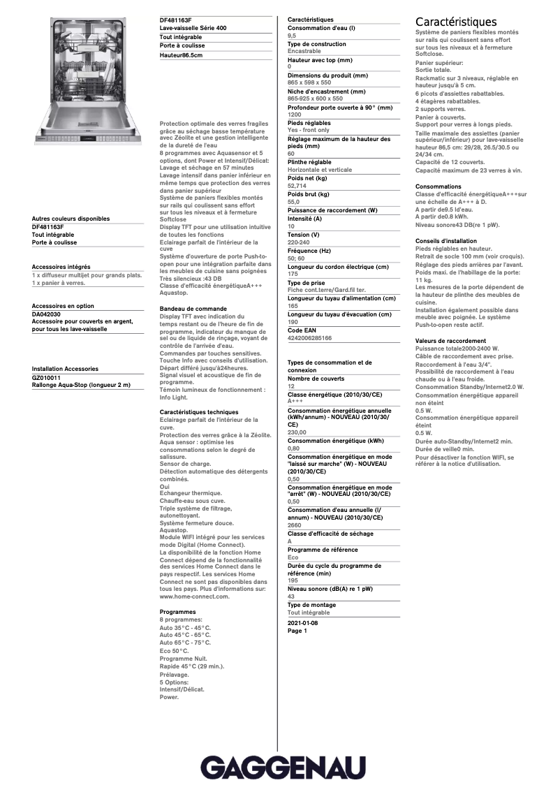 Page n°1 - Fiche technique Gaggenau DF481163F