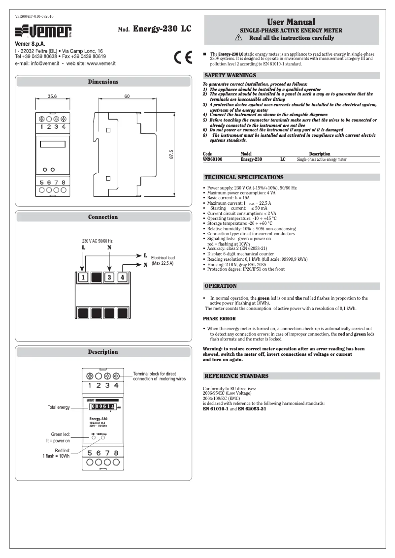 Page n°1 - Manuel utilisateur Vemer Energy-230 LC