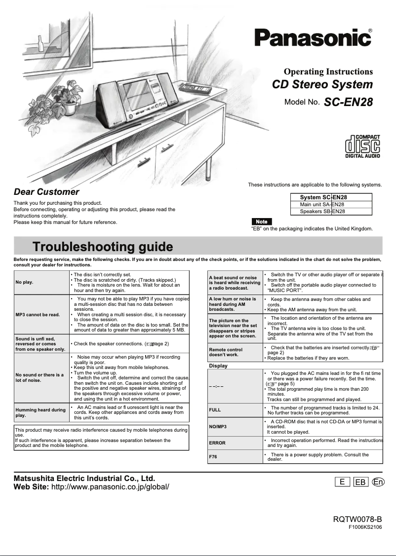 Page 1 de la notice Manuel utilisateur Panasonic SC-EN28