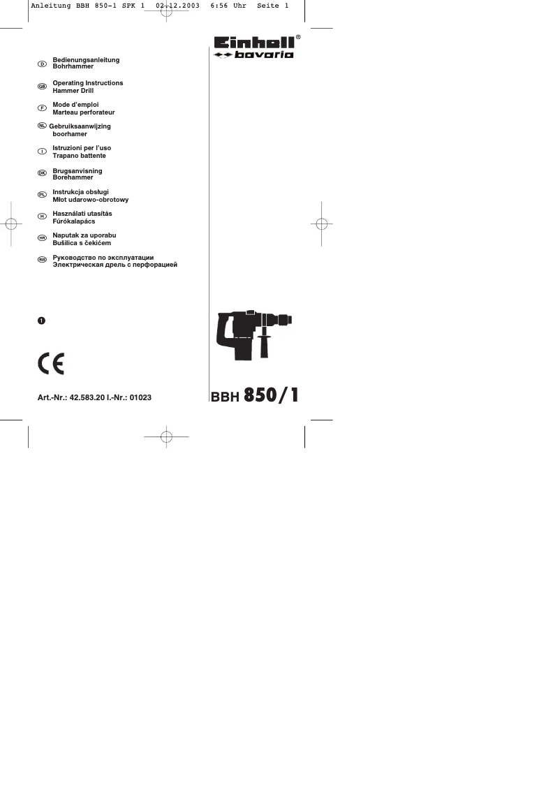 Page 1 de la notice Manuel utilisateur Bavaria by Einhell BBH 850