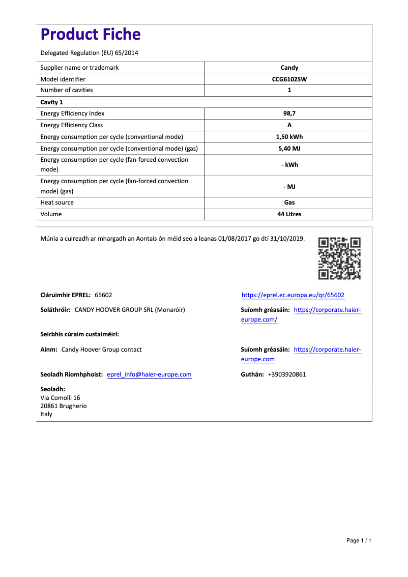 Page 1 de la notice Manuel utilisateur Candy CCG6102SW