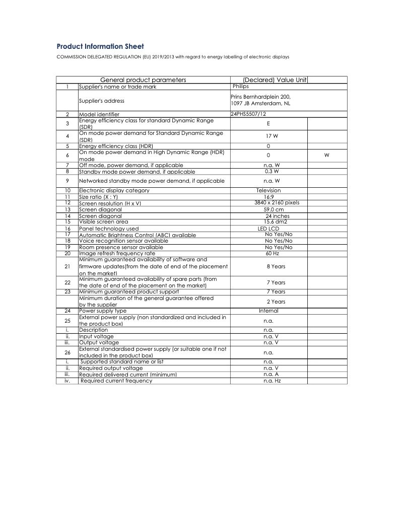 Page 1 de la notice Fiche technique Philips 24PHS5507